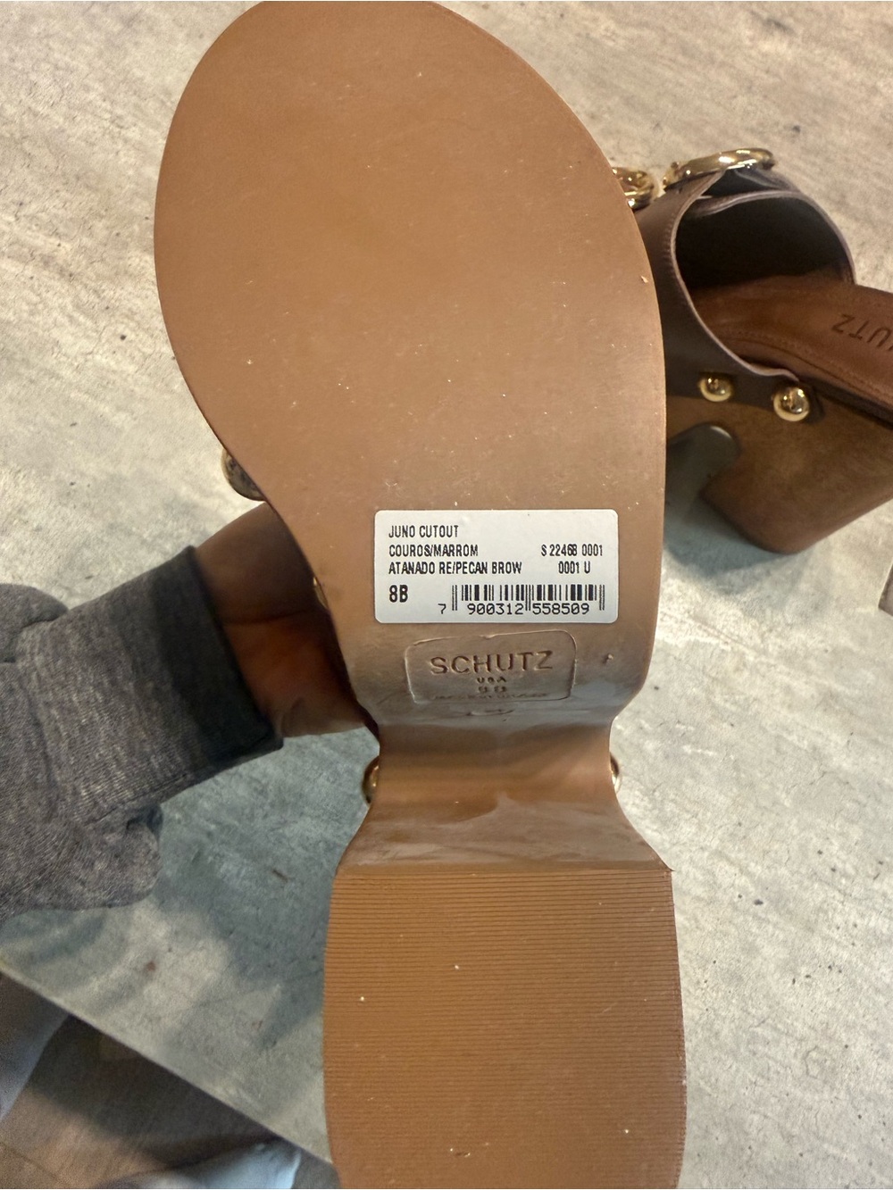 SCHUTZ Juno Brown Leather Platform Slide Sandals with Gold Accents - Picture 9 of 12